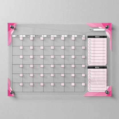 Planificador mensual de acrílico transparente con soportes de aluminio, diseño moderno y elegante. Ideal para organizar tareas, metas y actividades. Incluye marcador borrable. Envío gratis en compras en línea. Pizarrón, tablero de control, organizador