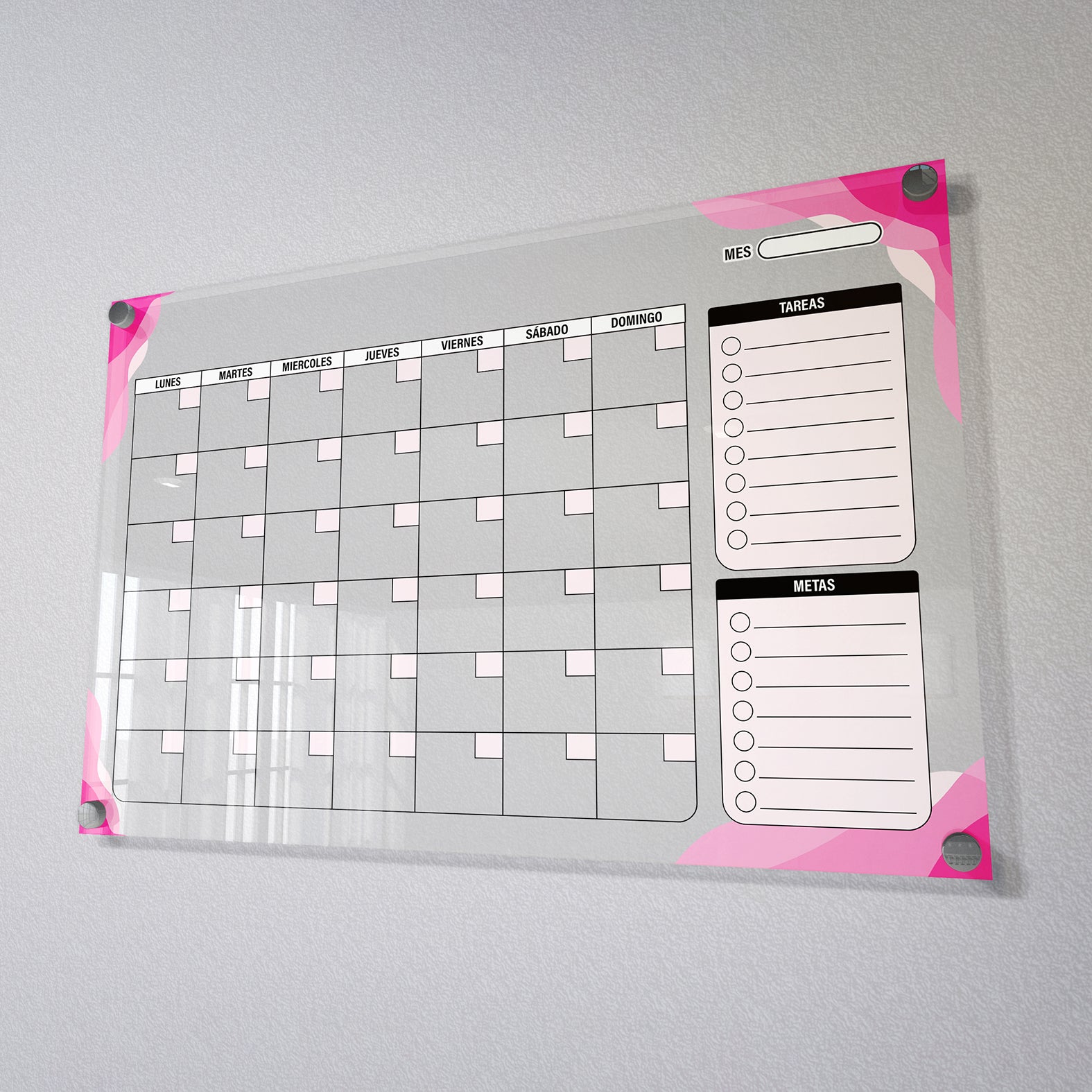 Planificador mensual de acrílico transparente con soportes de aluminio, diseño moderno y elegante. Ideal para organizar tareas, metas y actividades. Incluye marcador borrable. Envío gratis en compras en línea. Pizarrón, tablero de control, organizador