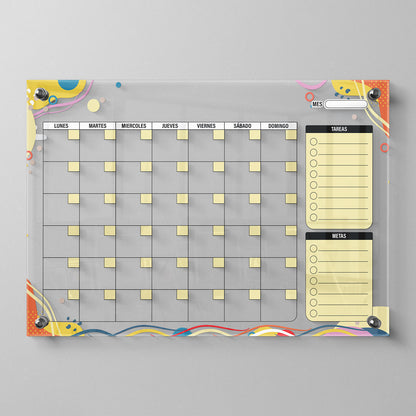 Planificador mensual de acrílico transparente con soportes de aluminio, diseño moderno y elegante. Ideal para organizar tareas, metas y actividades. Incluye marcador borrable. Envío gratis en compras en línea. Pizarrón, tablero de control, organizador
