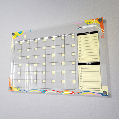 Planificador mensual de acrílico transparente con soportes de aluminio, diseño moderno y elegante. Ideal para organizar tareas, metas y actividades. Incluye marcador borrable. Envío gratis en compras en línea. Pizarrón, tablero de control, organizador