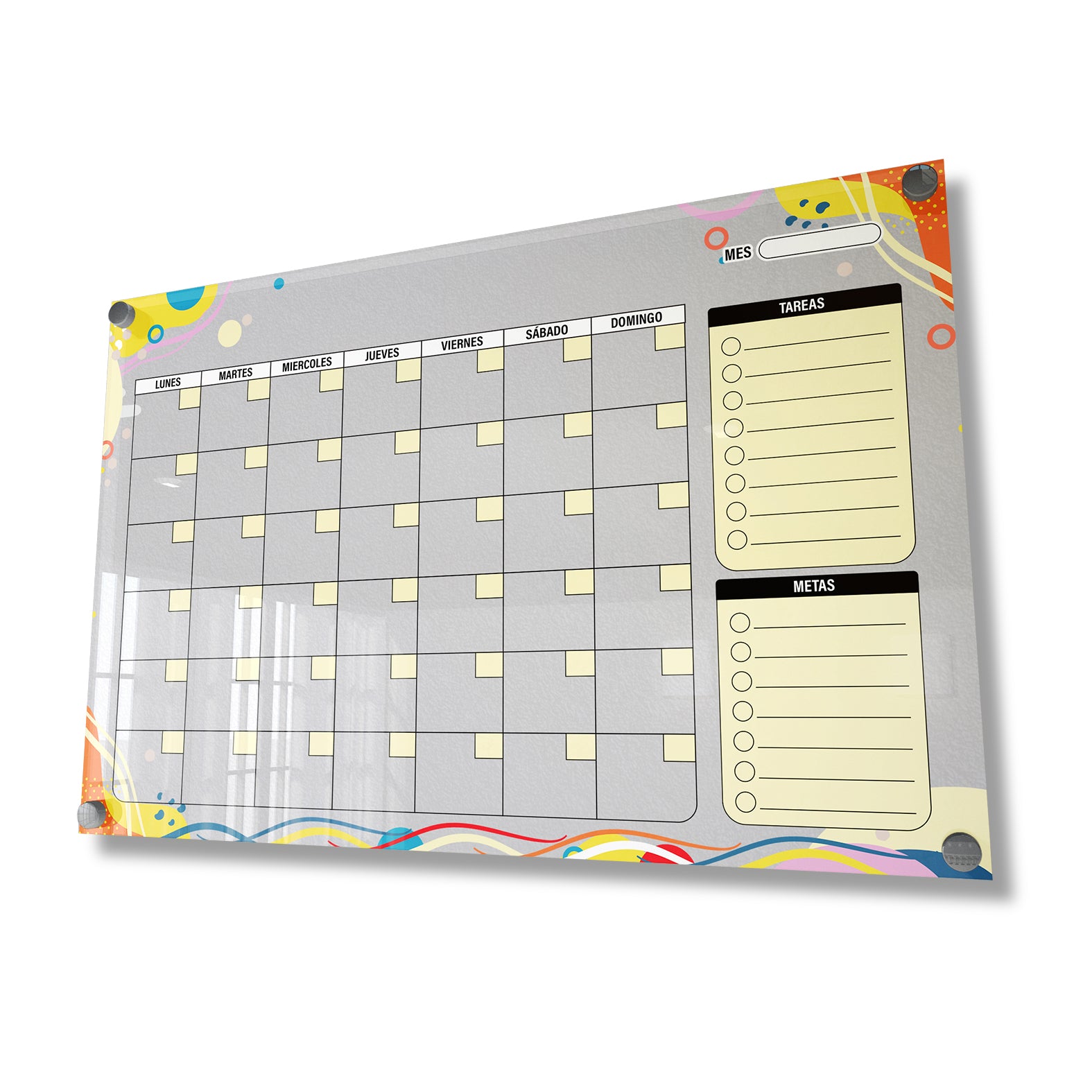 Planificador mensual de acrílico transparente con soportes de aluminio, diseño moderno y elegante. Ideal para organizar tareas, metas y actividades. Incluye marcador borrable. Envío gratis en compras en línea. Pizarrón, tablero de control, organizador