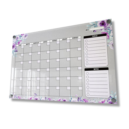 Planificador mensual de acrílico transparente con soportes de aluminio, diseño moderno y elegante. Ideal para organizar tareas, metas y actividades. Incluye marcador borrable. Envío gratis en compras en línea. Pizarrón, tablero de control, organizador