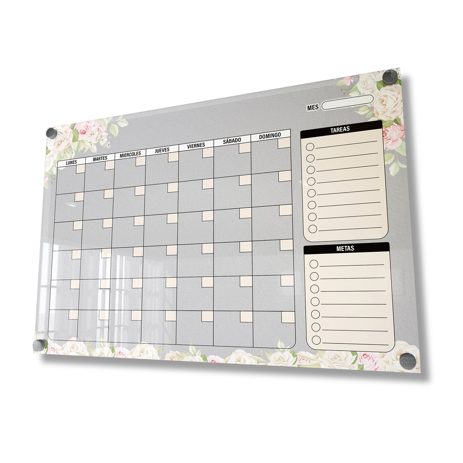 Planificador mensual de acrílico transparente con soportes de aluminio, diseño moderno y elegante. Ideal para organizar tareas, metas y actividades. Incluye marcador borrable. Envío gratis en compras en línea. Pizarrón, tablero de control, organizador