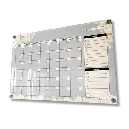 Planificador mensual de acrílico transparente con soportes de aluminio, diseño moderno y elegante. Ideal para organizar tareas, metas y actividades. Incluye marcador borrable. Envío gratis en compras en línea. Pizarrón, tablero de control, organizador