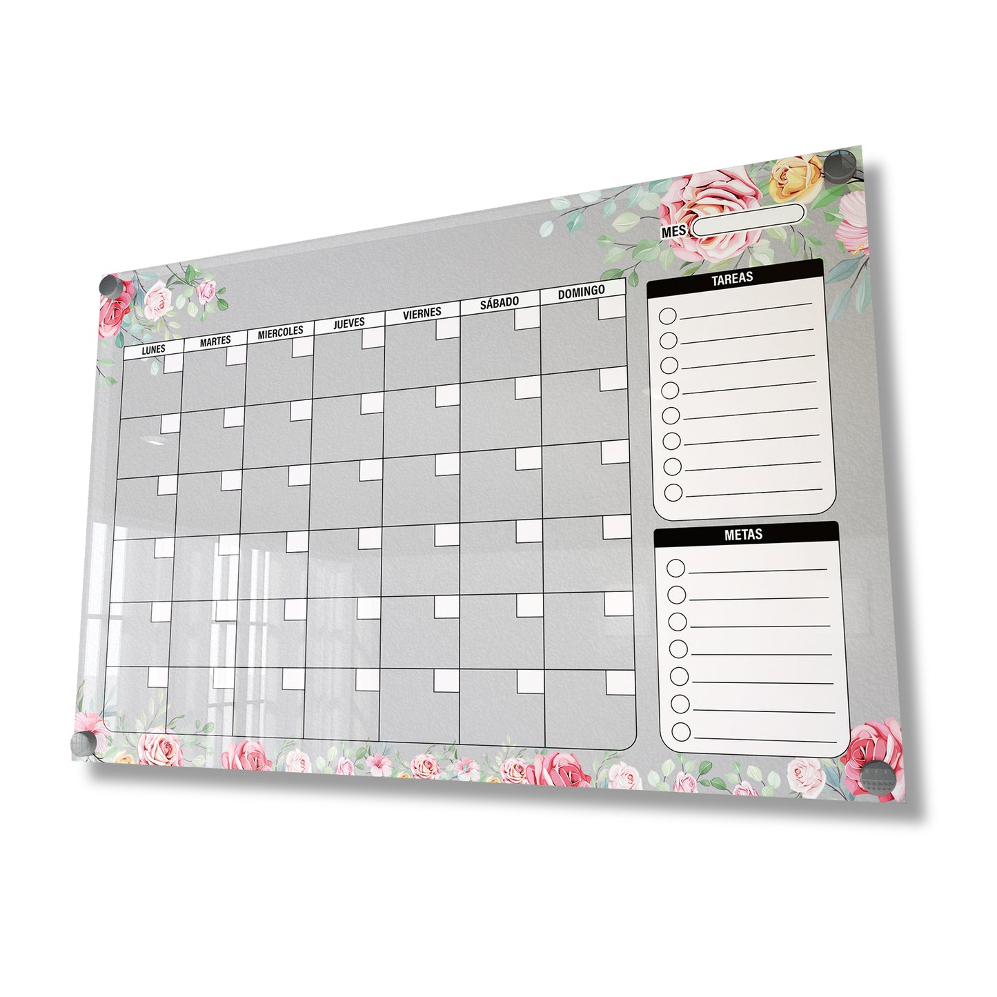 Planificador mensual de acrílico transparente con soportes de aluminio, diseño moderno y elegante. Ideal para organizar tareas, metas y actividades. Incluye marcador borrable. Envío gratis en compras en línea. Pizarrón, tablero de control, organizador