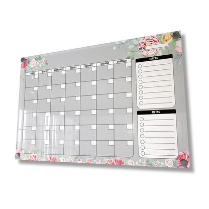 Planificador mensual de acrílico transparente con soportes de aluminio, diseño moderno y elegante. Ideal para organizar tareas, metas y actividades. Incluye marcador borrable. Envío gratis en compras en línea. Pizarrón, tablero de control, organizador