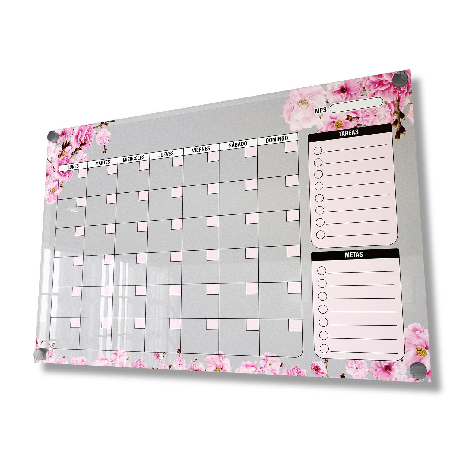 Planificador mensual de acrílico transparente con soportes de aluminio, diseño moderno y elegante. Ideal para organizar tareas, metas y actividades. Incluye marcador borrable. Envío gratis en compras en línea. Pizarrón, tablero de control, organizador