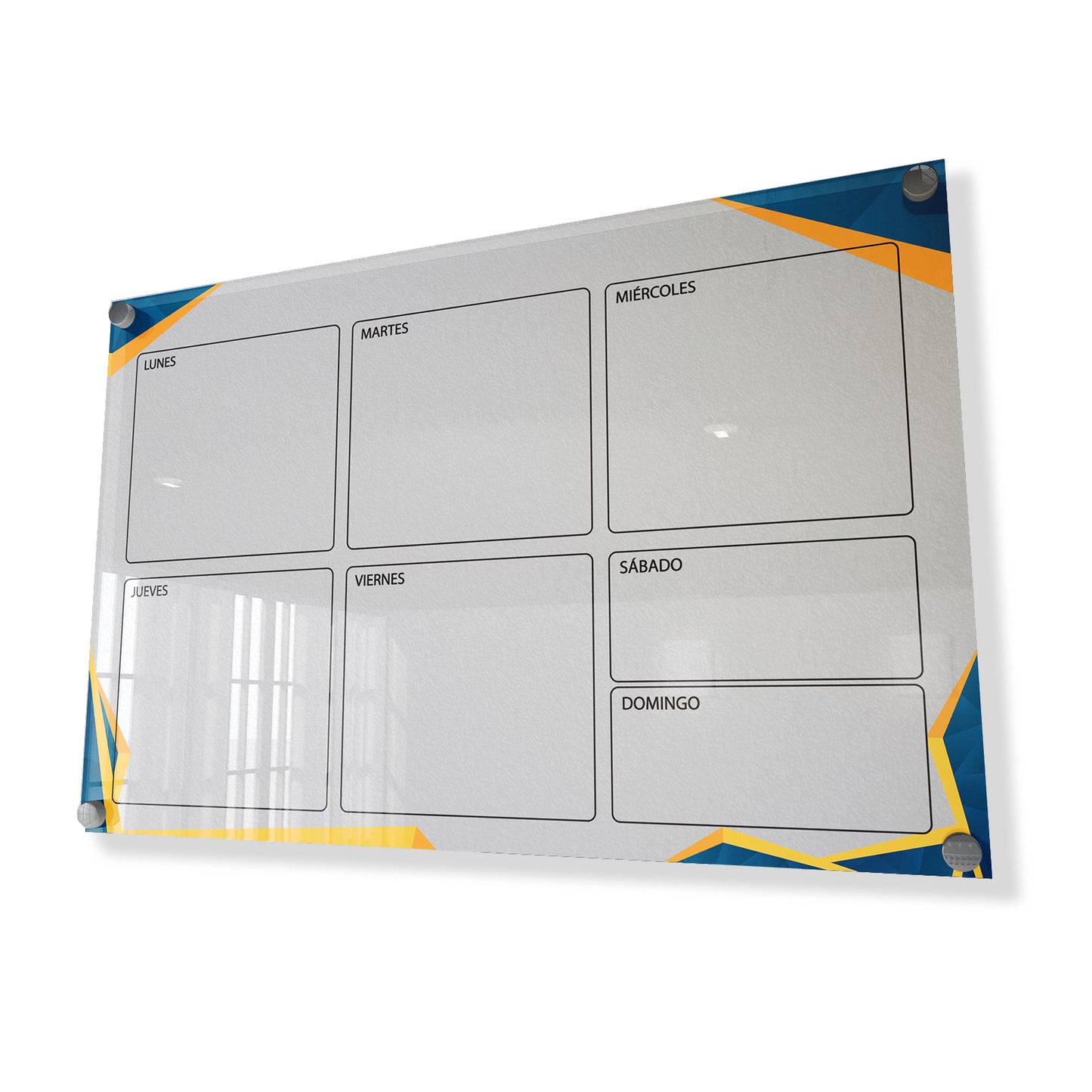 Planificador semanal de acrílico transparente con soportes de aluminio, diseño minimalista y reutilizable. Ideal para organizar tareas, metas y actividades. Incluye marcador borrable. Envío gratis en compras en línea. Pizarrón, tablero de control, organizador