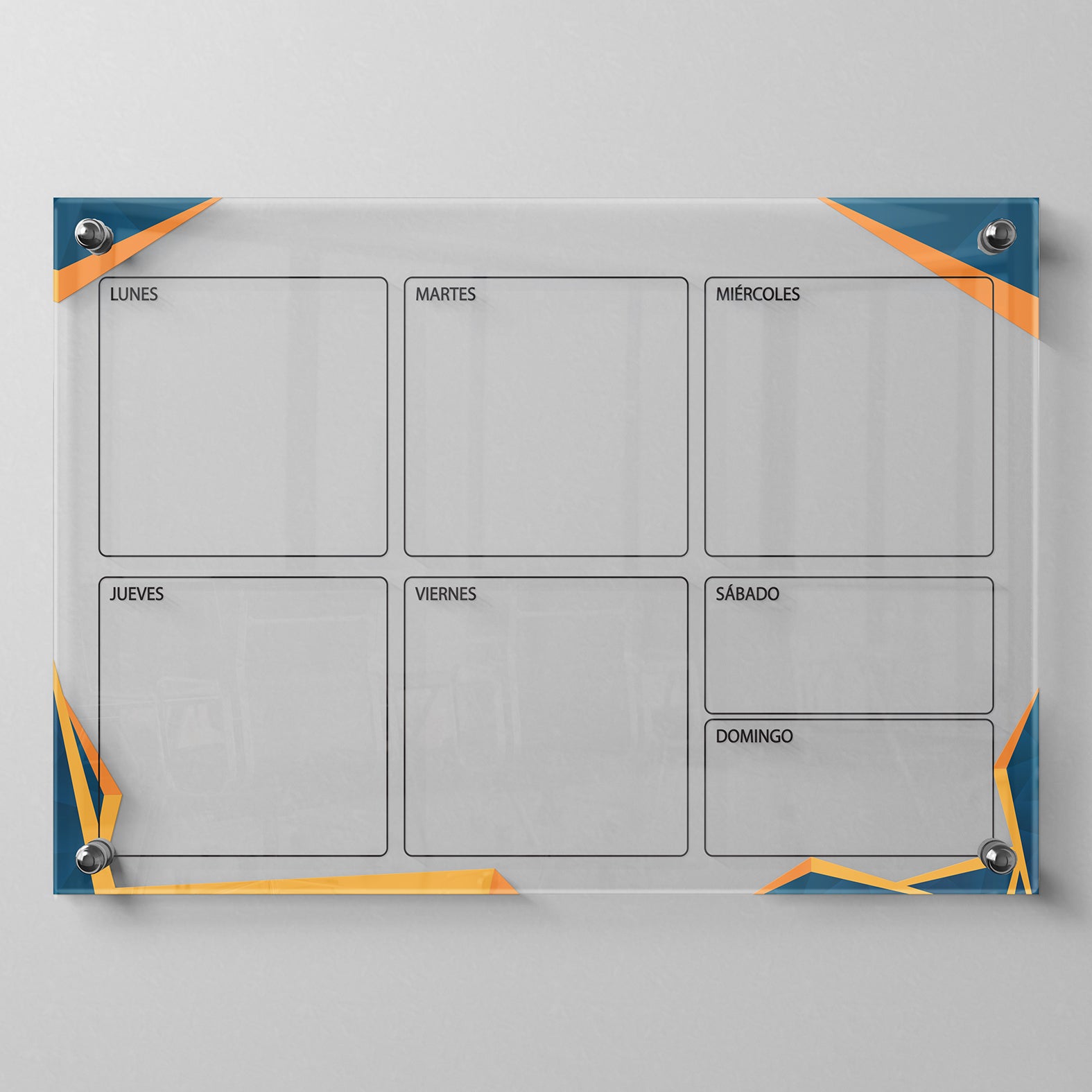 Planificador semanal de acrílico transparente con soportes de aluminio, diseño minimalista y reutilizable. Ideal para organizar tareas, metas y actividades. Incluye marcador borrable. Envío gratis en compras en línea. Pizarrón, tablero de control, organizador