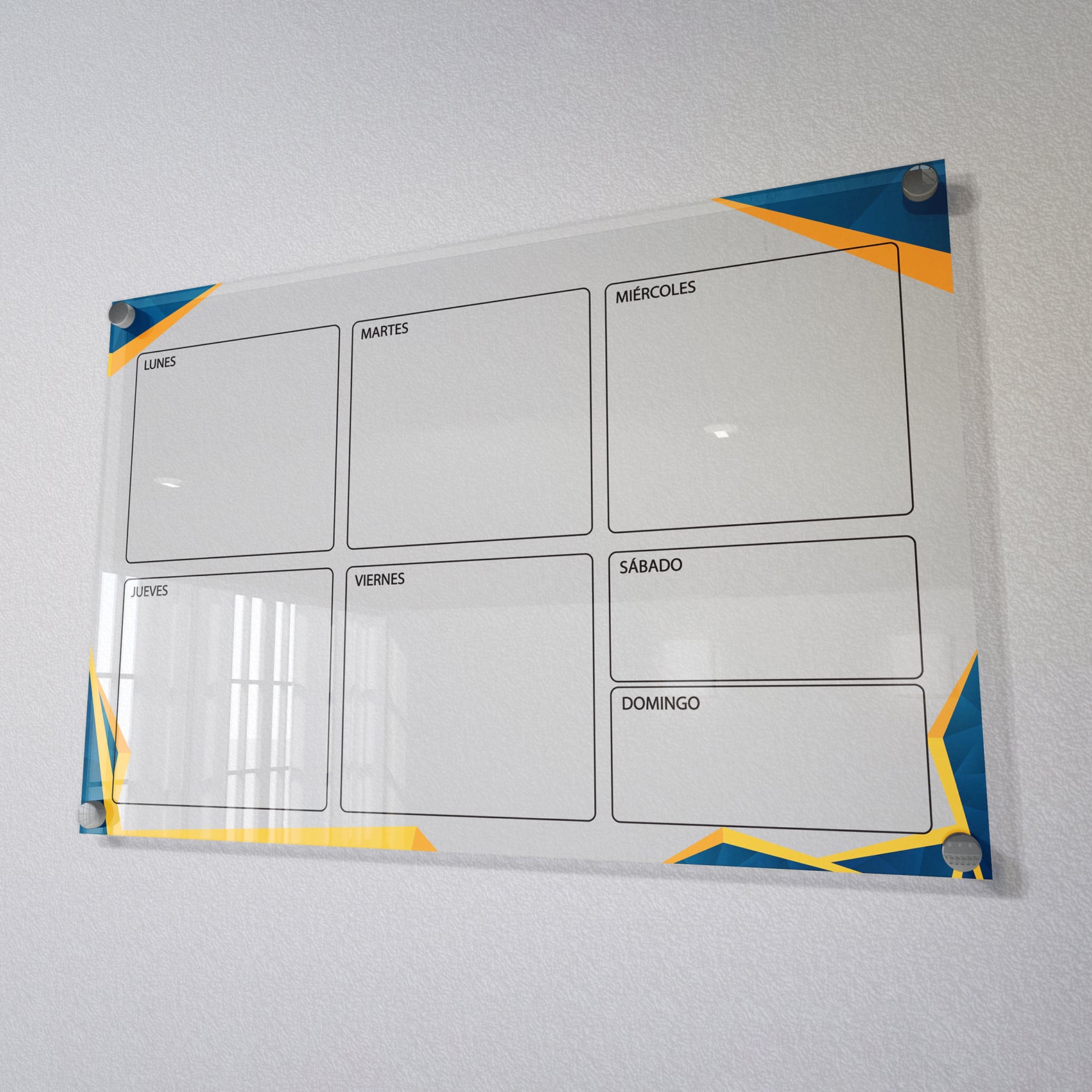 Planificador semanal de acrílico transparente con soportes de aluminio, diseño minimalista y reutilizable. Ideal para organizar tareas, metas y actividades. Incluye marcador borrable. Envío gratis en compras en línea. Pizarrón, tablero de control, organizador