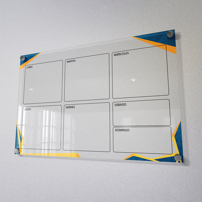 Planificador semanal de acrílico transparente con soportes de aluminio, diseño minimalista y reutilizable. Ideal para organizar tareas, metas y actividades. Incluye marcador borrable. Envío gratis en compras en línea. Pizarrón, tablero de control, organizador