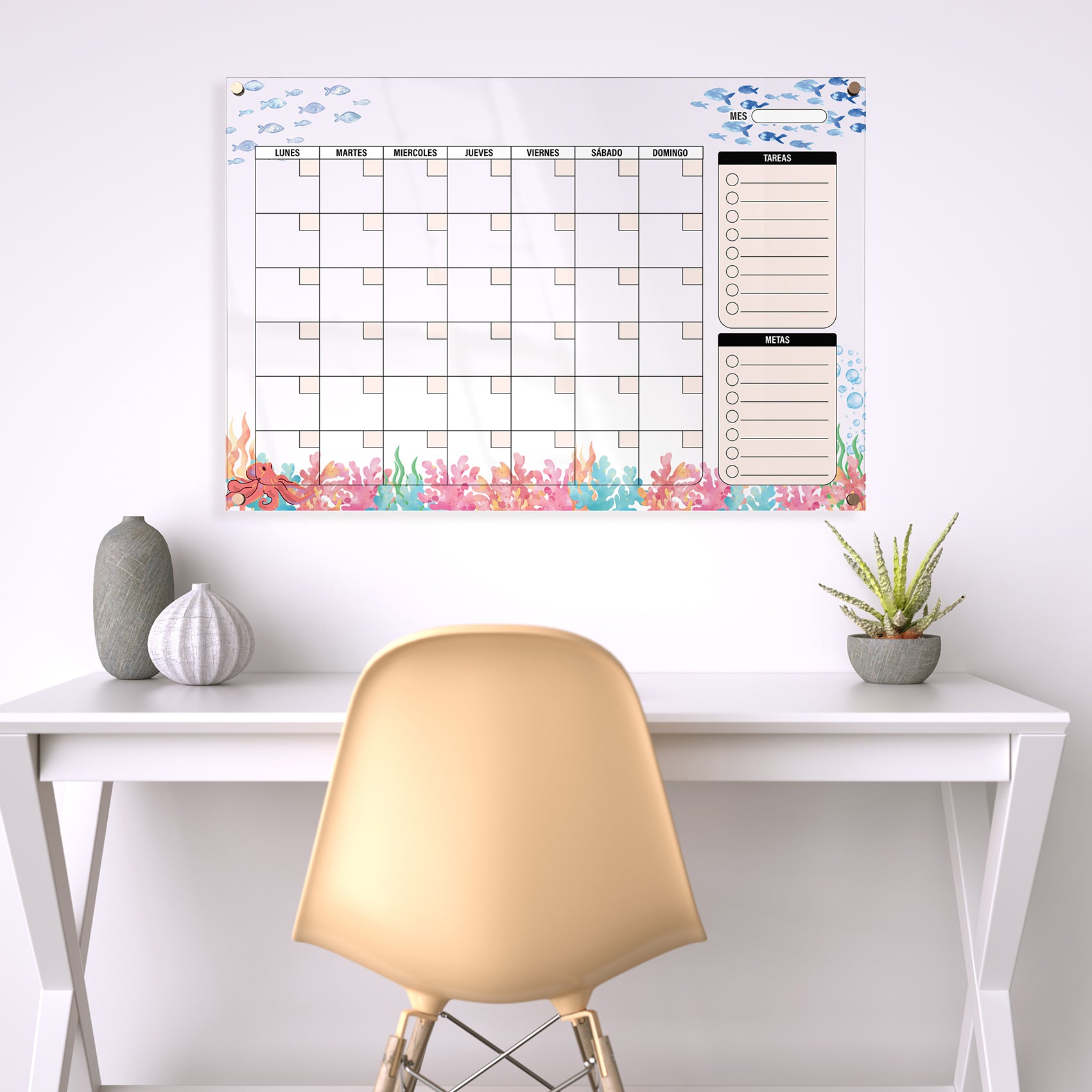 Planificador mensual de acrílico transparente con soportes de aluminio, diseño minimalista y reutilizable. Ideal para organizar tareas, metas y actividades. Incluye marcador borrable. Envío gratis en compras en línea.