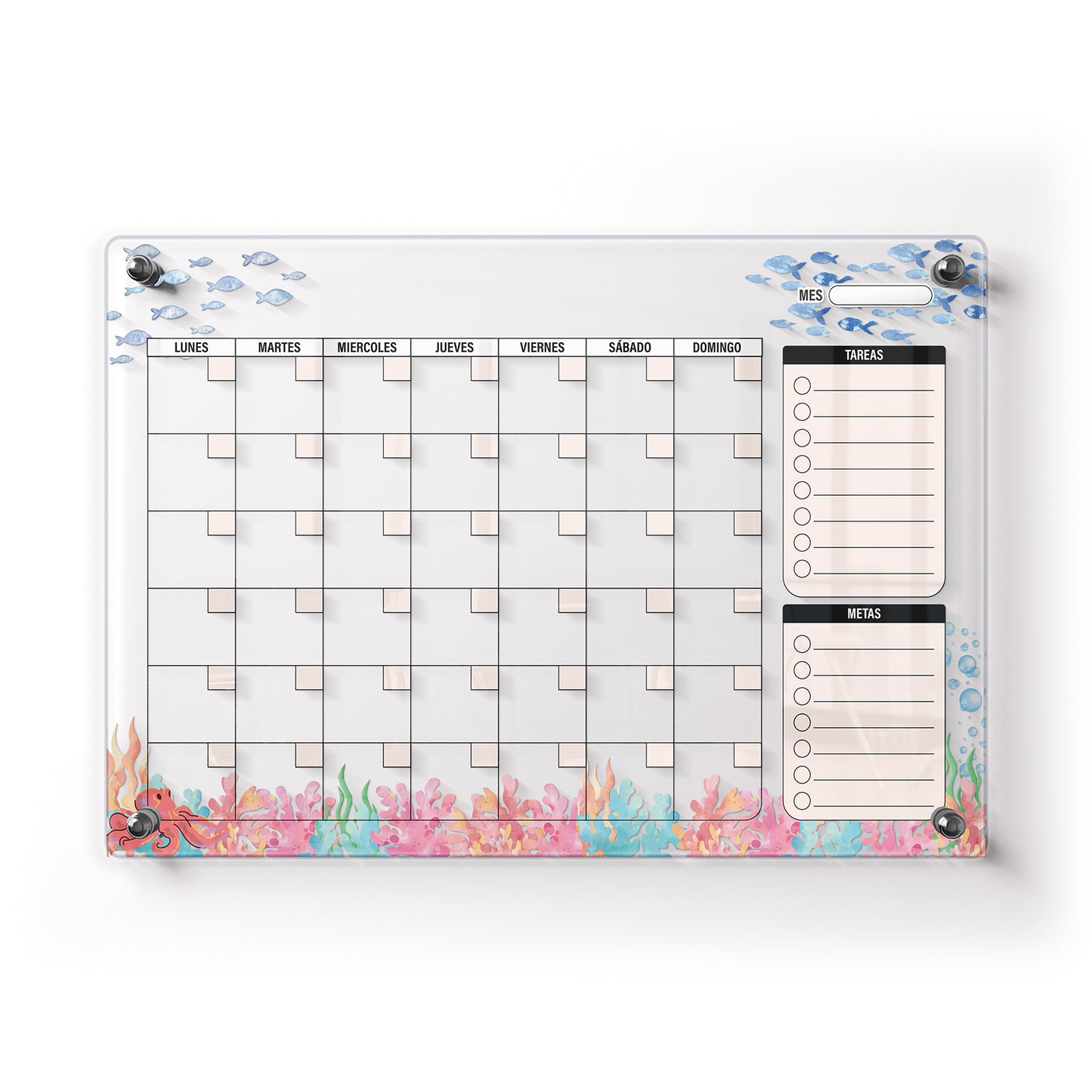 Planificador mensual de acrílico transparente con soportes de aluminio, diseño minimalista y reutilizable. Ideal para organizar tareas, metas y actividades. Incluye marcador borrable. Envío gratis en compras en línea.