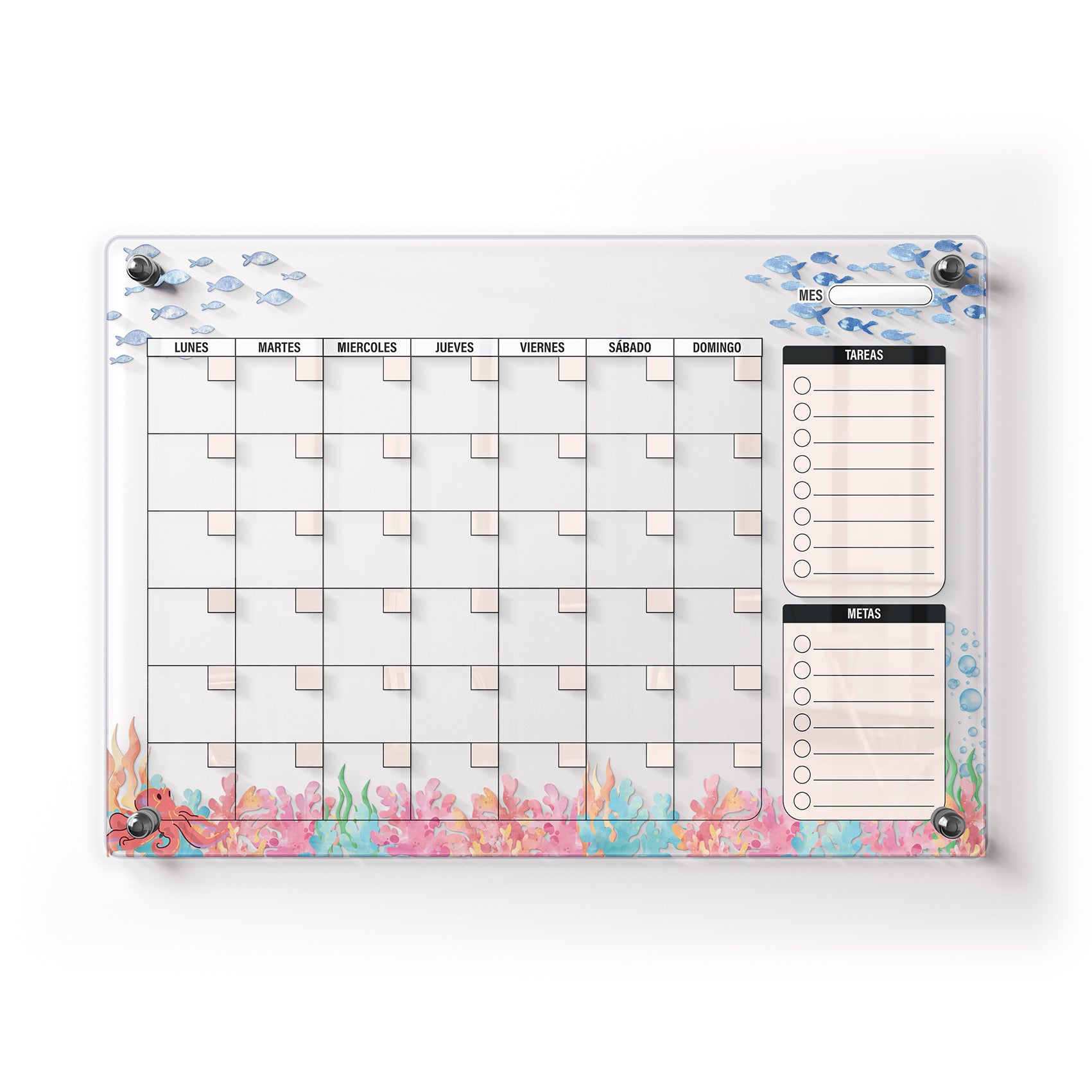 Planificador mensual de acrílico transparente con soportes de aluminio, diseño minimalista y reutilizable. Ideal para organizar tareas, metas y actividades. Incluye marcador borrable. Envío gratis en compras en línea.