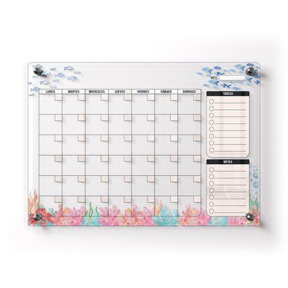 Planificador mensual de acrílico transparente con soportes de aluminio, diseño minimalista y reutilizable. Ideal para organizar tareas, metas y actividades. Incluye marcador borrable. Envío gratis en compras en línea.