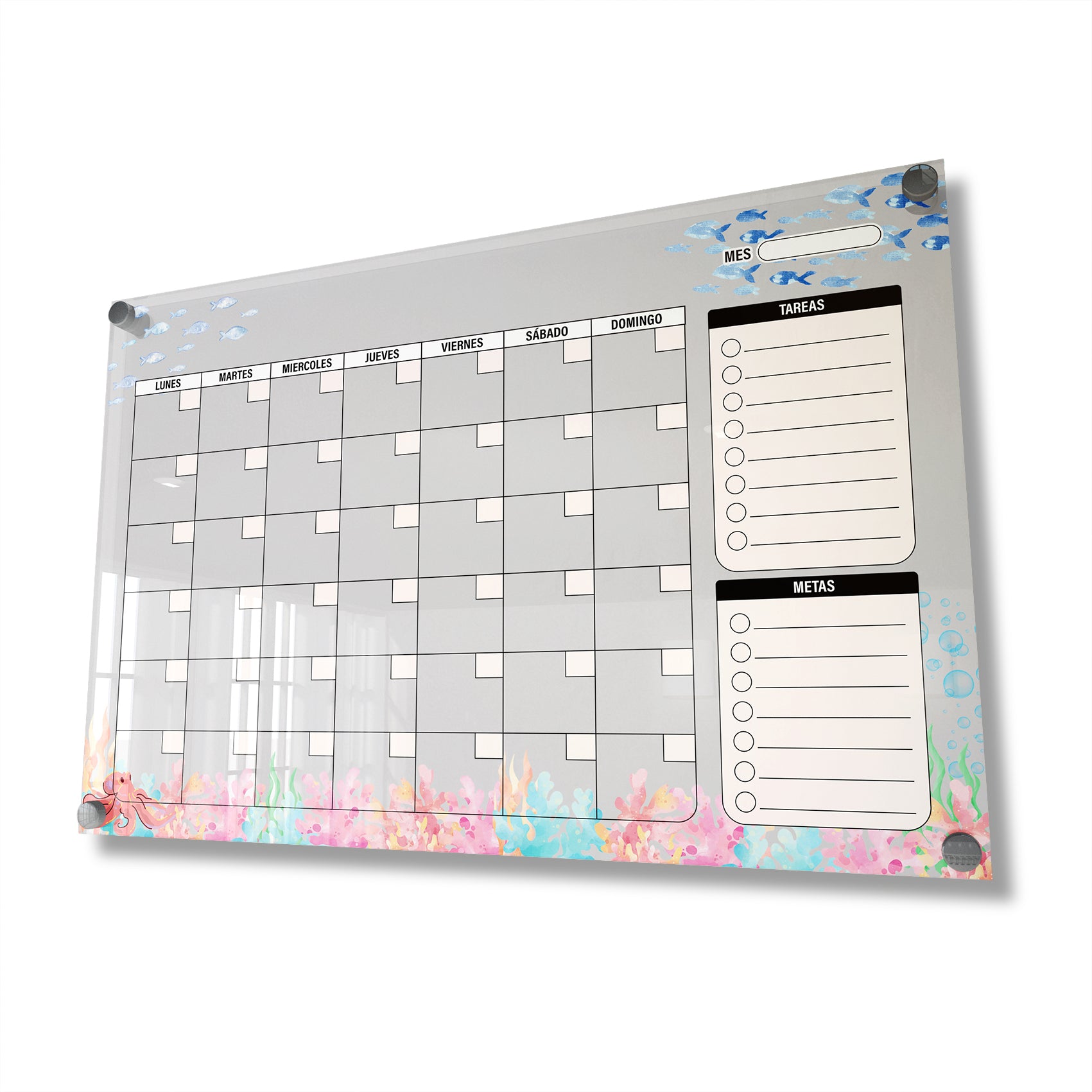 Planificador mensual de acrílico transparente con soportes de aluminio, diseño minimalista y reutilizable. Ideal para organizar tareas, metas y actividades. Incluye marcador borrable. Envío gratis en compras en línea.