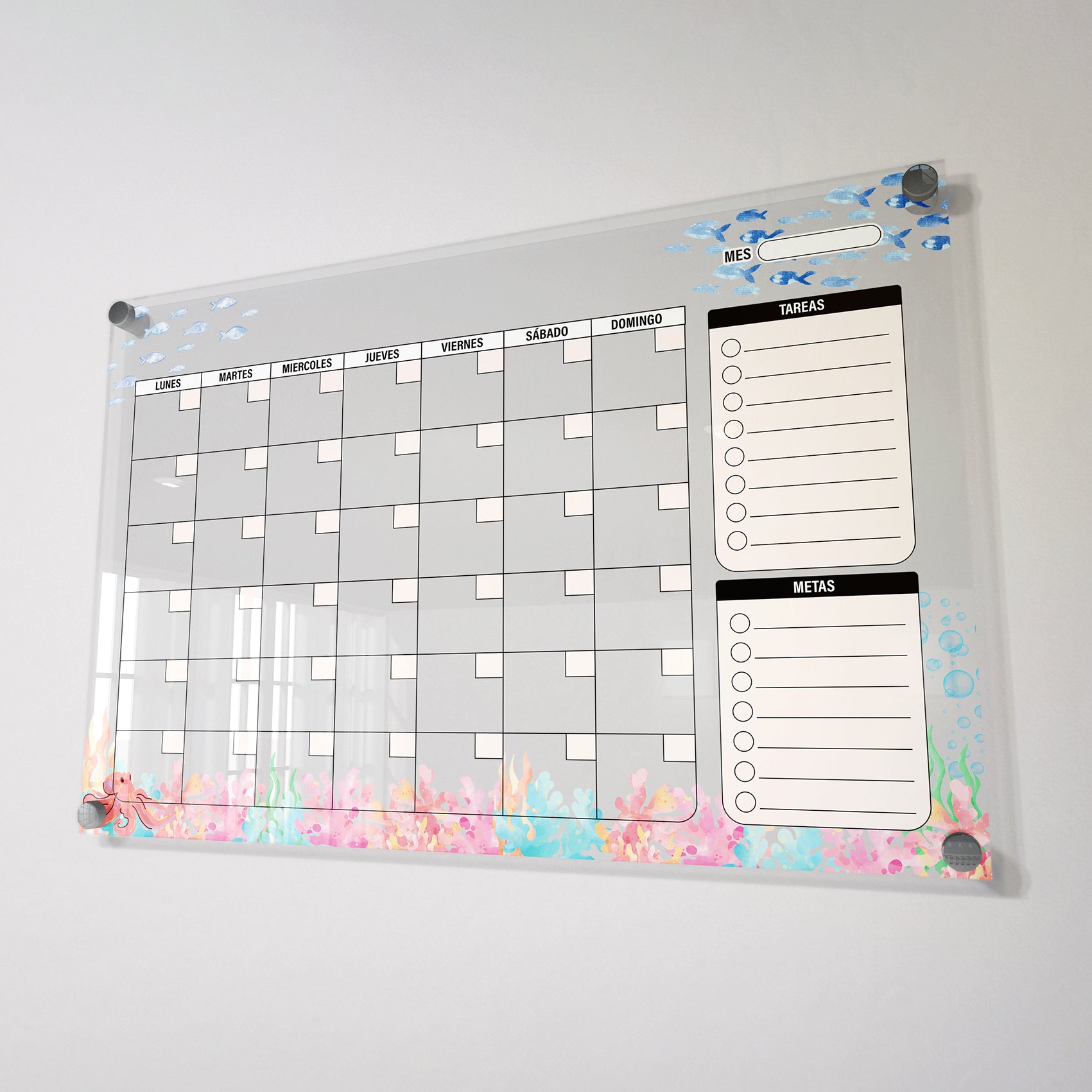 Planificador mensual de acrílico transparente con soportes de aluminio, diseño minimalista y reutilizable. Ideal para organizar tareas, metas y actividades. Incluye marcador borrable. Envío gratis en compras en línea.