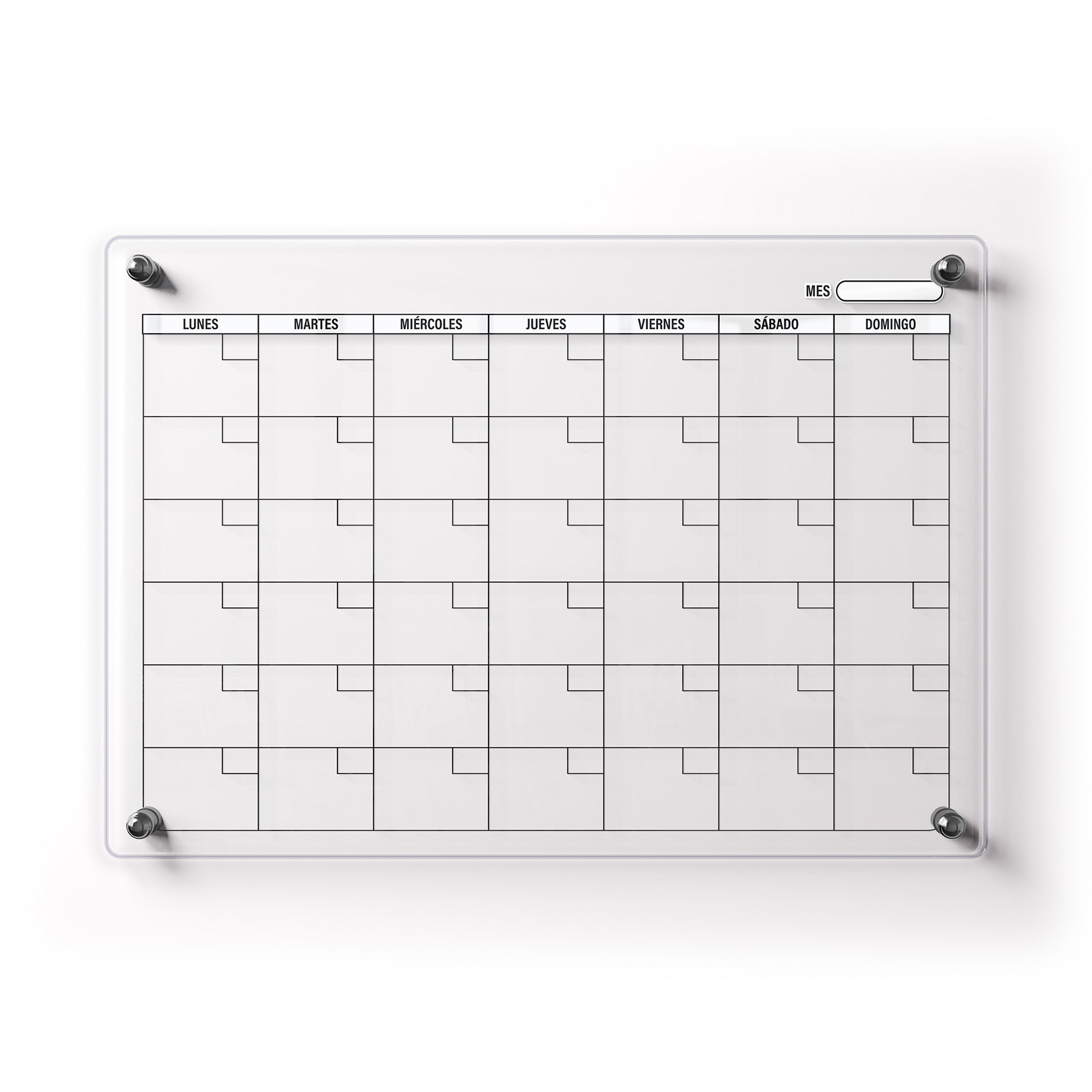 Planificador mensual de acrílico transparente con soportes de aluminio, diseño moderno y elegante. Ideal para organizar tareas, metas y actividades. Incluye marcador borrable. Envío gratis en compras en línea