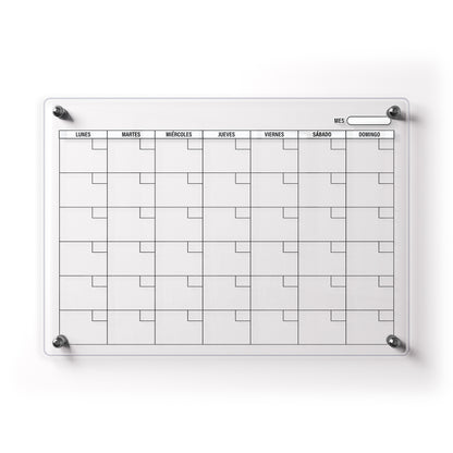 Planificador mensual de acrílico transparente con soportes de aluminio, diseño moderno y elegante. Ideal para organizar tareas, metas y actividades. Incluye marcador borrable. Envío gratis en compras en línea