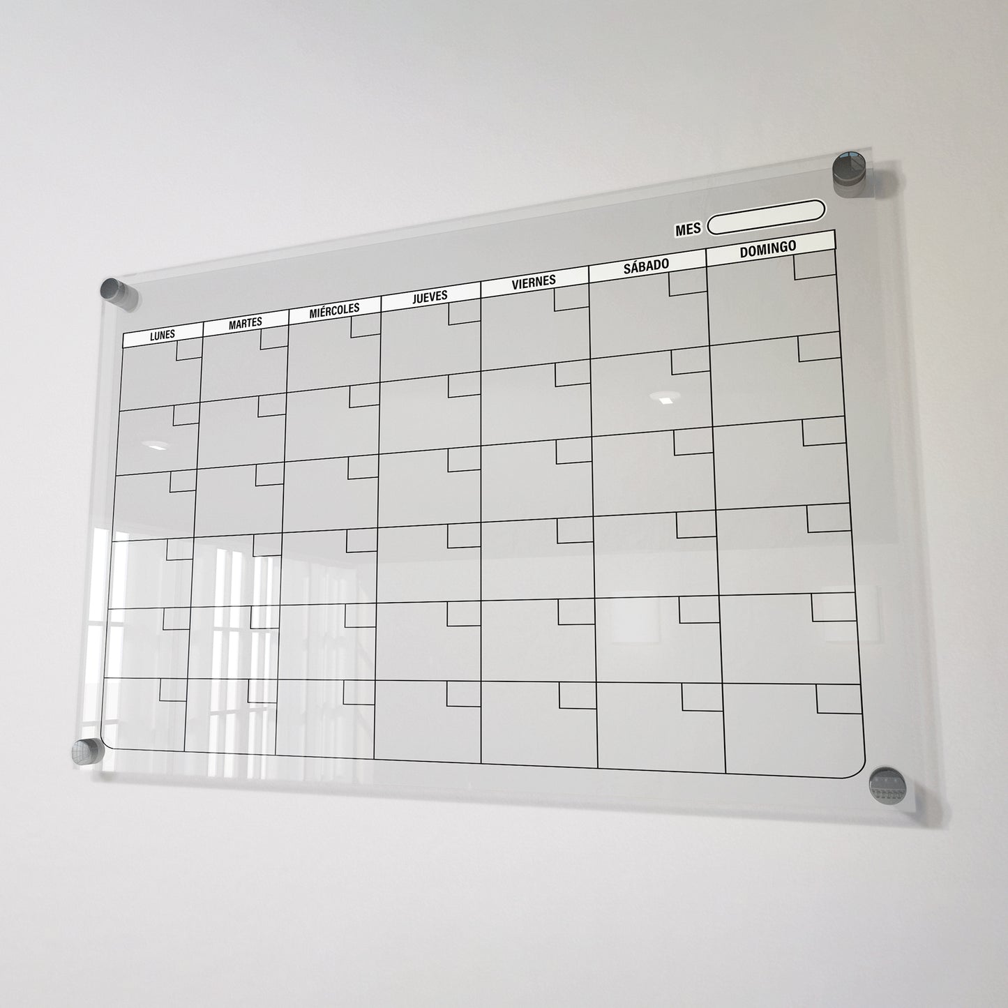 Planificador mensual de acrílico transparente con soportes de aluminio, diseño moderno y elegante. Ideal para organizar tareas, metas y actividades. Incluye marcador borrable. Envío gratis en compras en línea