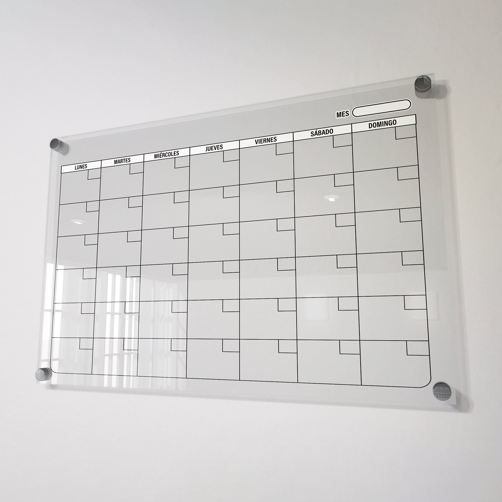 Planificador mensual de acrílico transparente con soportes de aluminio, diseño moderno y elegante. Ideal para organizar tareas, metas y actividades. Incluye marcador borrable. Envío gratis en compras en línea