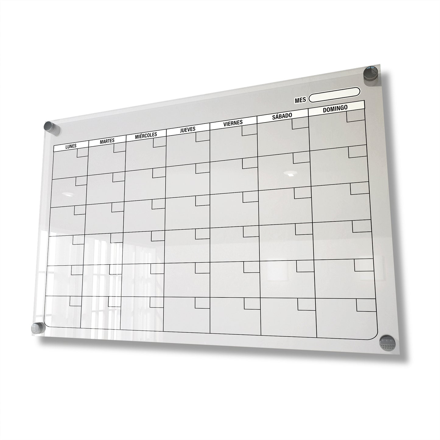 Planificador mensual de acrílico transparente con soportes de aluminio, diseño moderno y elegante. Ideal para organizar tareas, metas y actividades. Incluye marcador borrable. Envío gratis en compras en línea