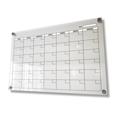 Planificador mensual de acrílico transparente con soportes de aluminio, diseño moderno y elegante. Ideal para organizar tareas, metas y actividades. Incluye marcador borrable. Envío gratis en compras en línea