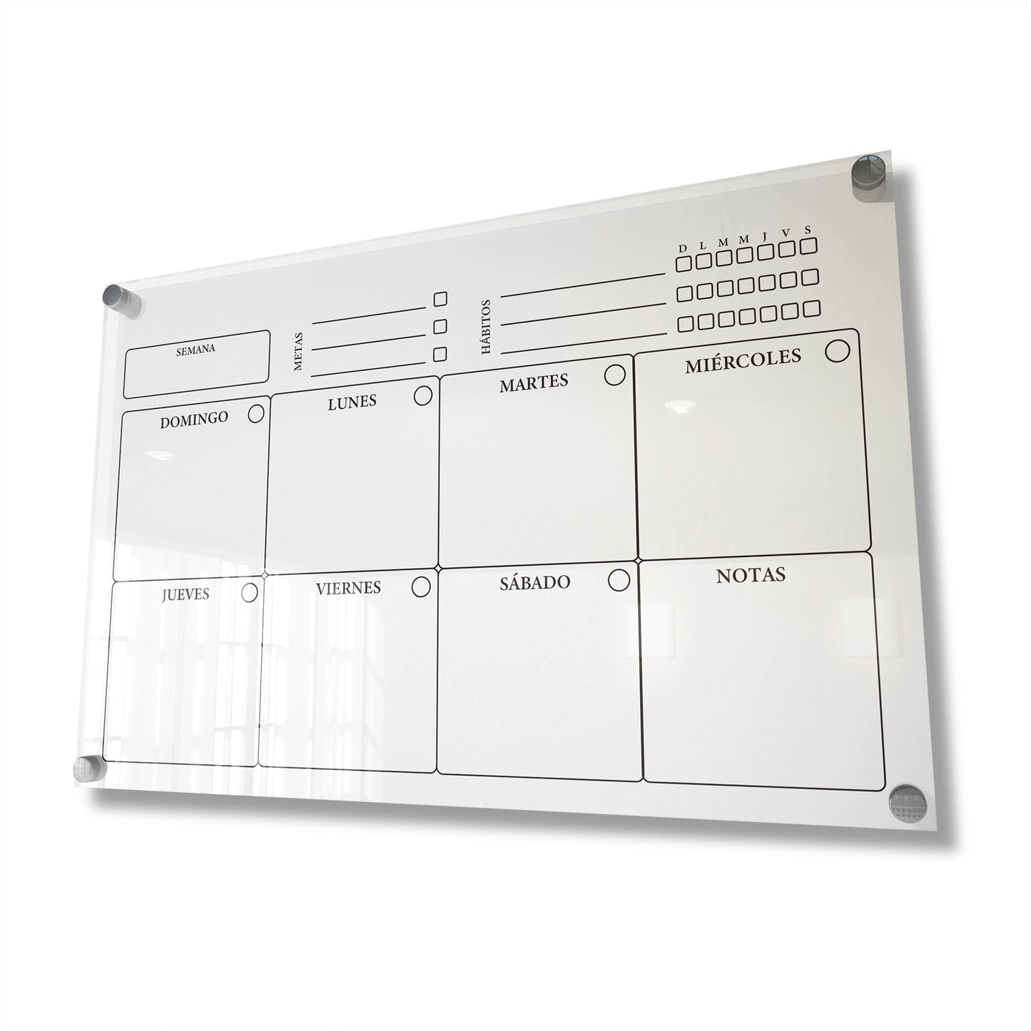 Planificador semanal de acrílico transparente con soportes de aluminio, diseño moderno y elegante. Ideal para organizar tareas, metas y actividades. Incluye marcador borrable. Envío gratis en compras en línea