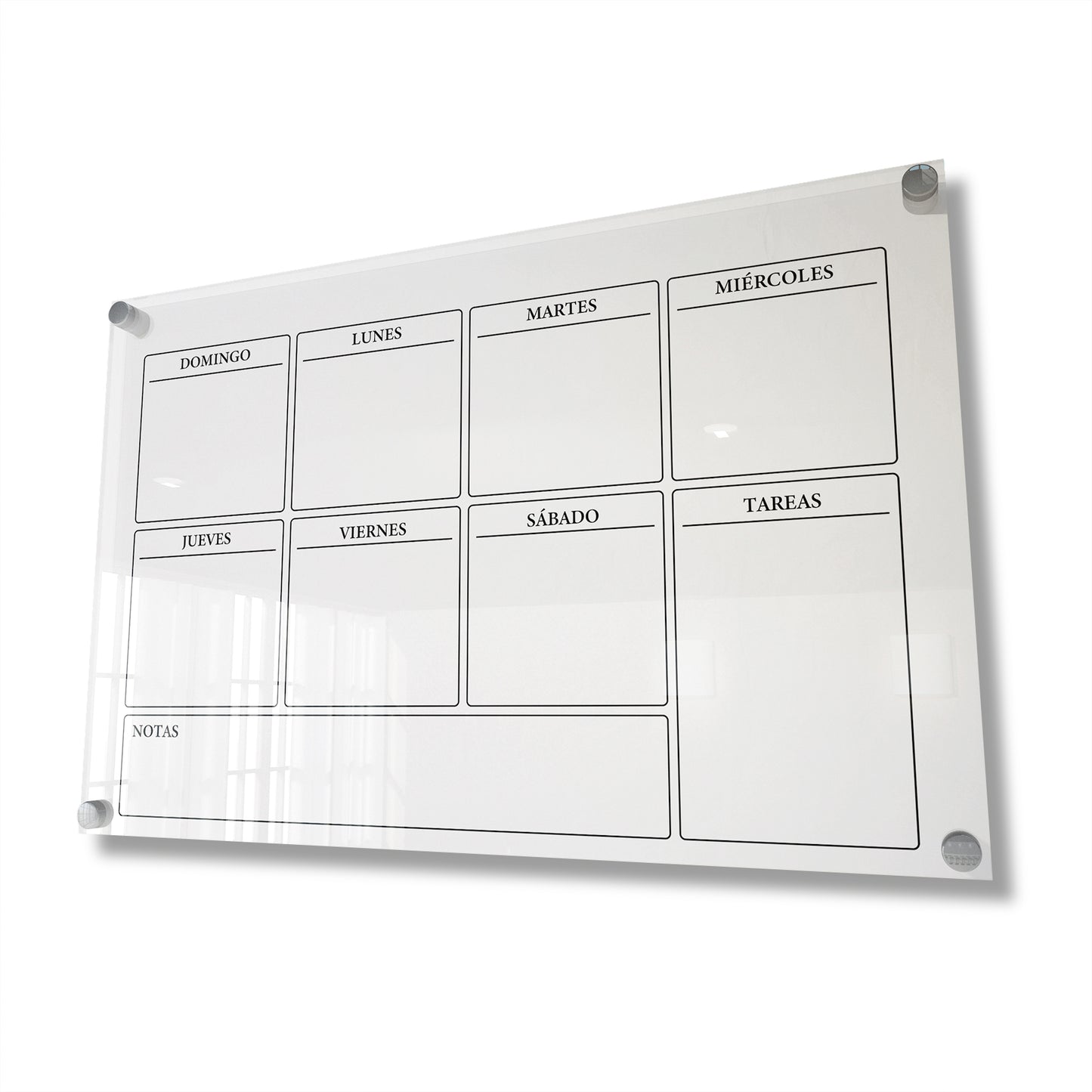 Planificador semanal de acrílico transparente con soportes de aluminio, diseño moderno y elegante. Ideal para organizar tareas, metas y actividades. Incluye marcador borrable. Envío gratis en compras en línea