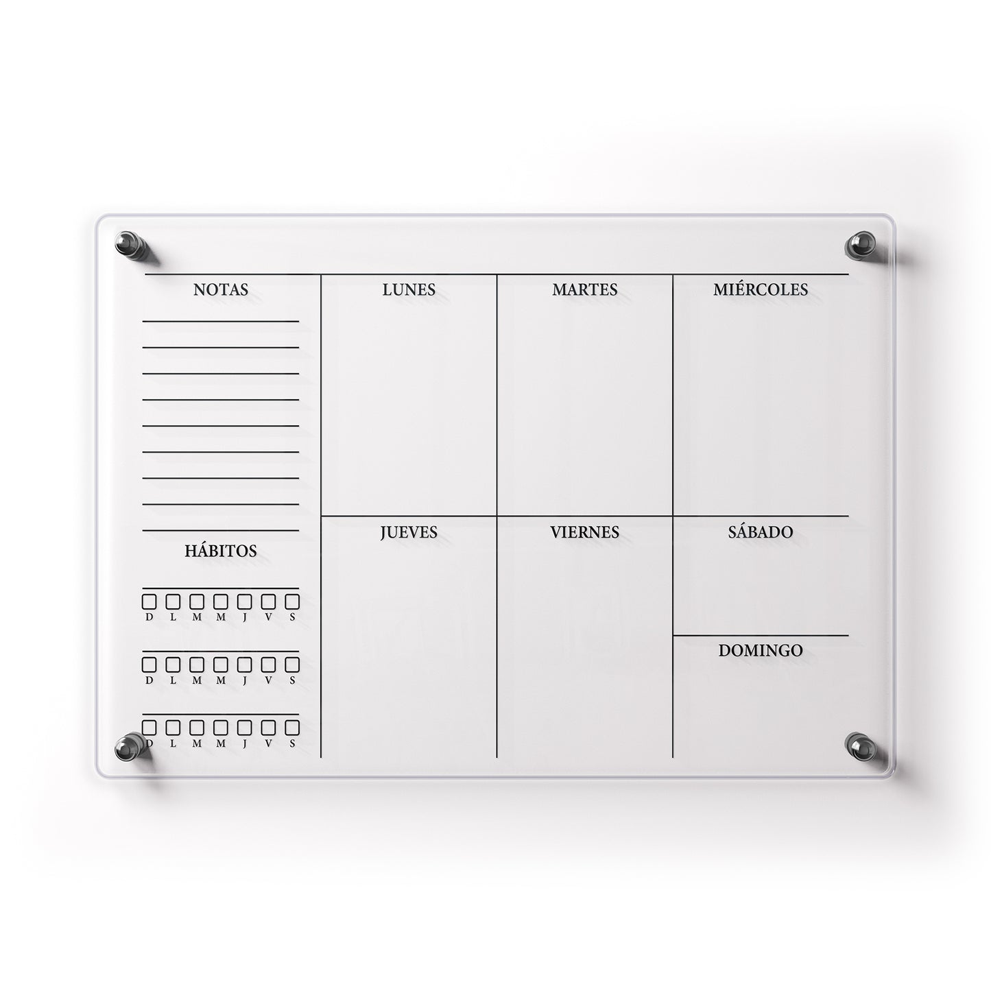 Planificador semanal de acrílico transparente con soportes de aluminio, diseño moderno y elegante. Ideal para organizar tareas, metas y actividades. Incluye marcador borrable. Envío gratis en compras en línea