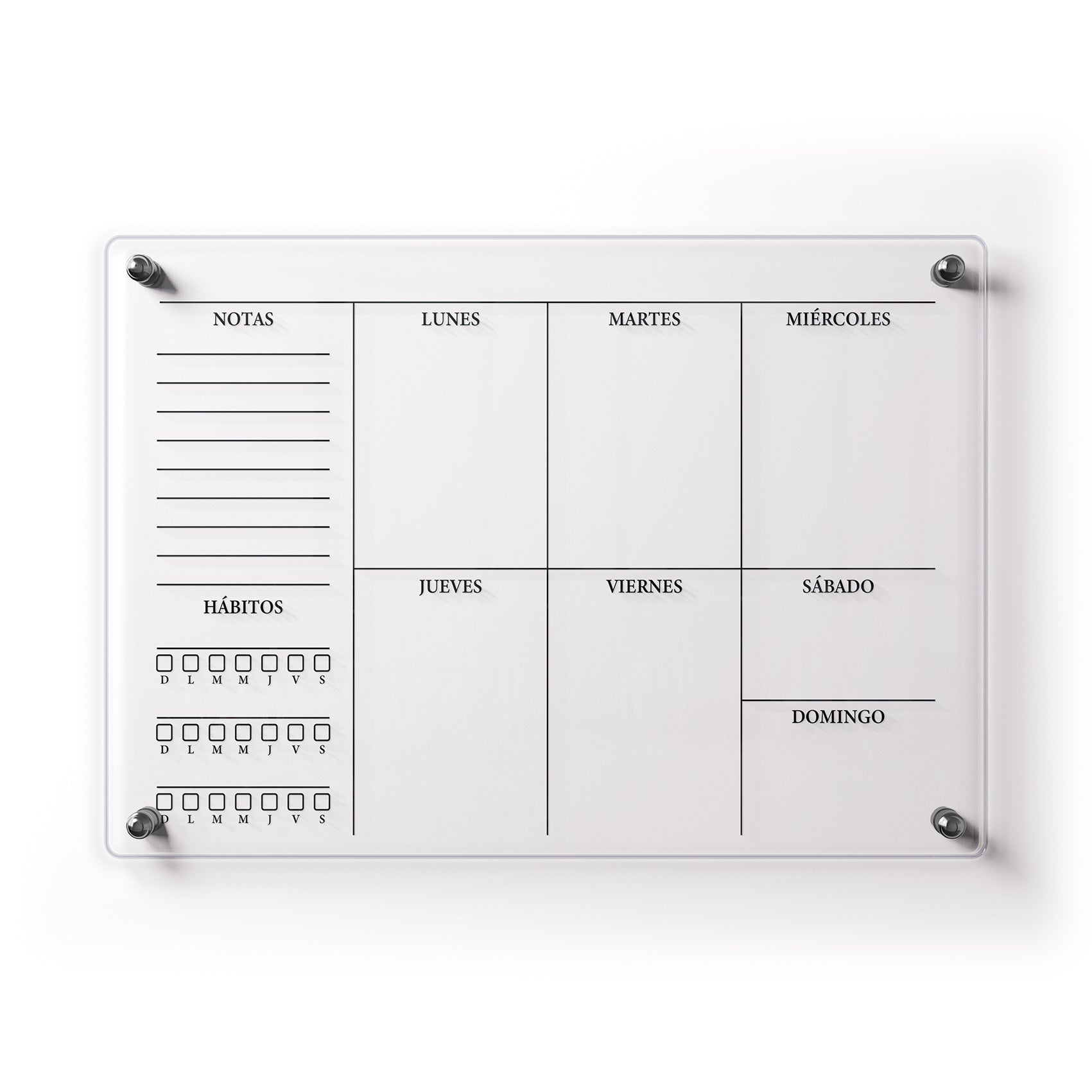 Planificador semanal de acrílico transparente con soportes de aluminio, diseño moderno y elegante. Ideal para organizar tareas, metas y actividades. Incluye marcador borrable. Envío gratis en compras en línea