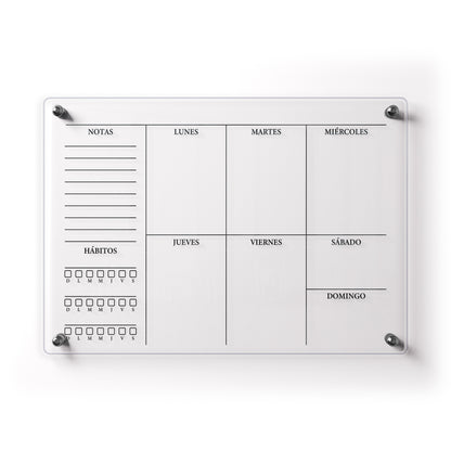 Planificador semanal de acrílico transparente con soportes de aluminio, diseño moderno y elegante. Ideal para organizar tareas, metas y actividades. Incluye marcador borrable. Envío gratis en compras en línea