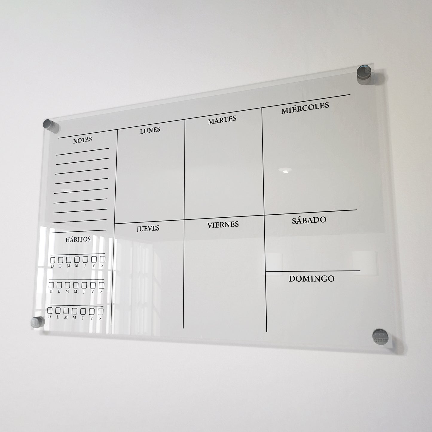 Planificador semanal de acrílico transparente con soportes de aluminio, diseño moderno y elegante. Ideal para organizar tareas, metas y actividades. Incluye marcador borrable. Envío gratis en compras en línea