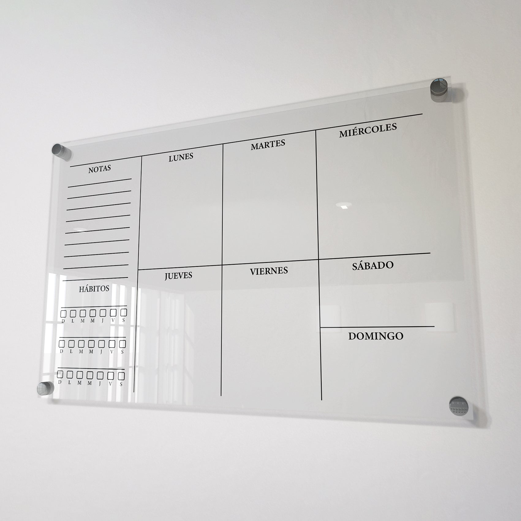 Planificador semanal de acrílico transparente con soportes de aluminio, diseño moderno y elegante. Ideal para organizar tareas, metas y actividades. Incluye marcador borrable. Envío gratis en compras en línea