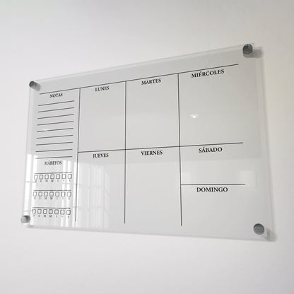 Planificador semanal de acrílico transparente con soportes de aluminio, diseño moderno y elegante. Ideal para organizar tareas, metas y actividades. Incluye marcador borrable. Envío gratis en compras en línea