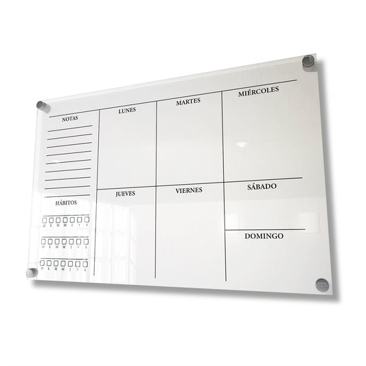 Planificador semanal de acrílico transparente con soportes de aluminio, diseño moderno y elegante. Ideal para organizar tareas, metas y actividades. Incluye marcador borrable. Envío gratis en compras en línea