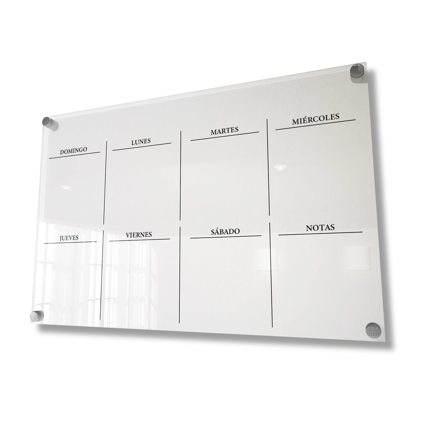 Planificador semanal de acrílico transparente con soportes de aluminio, diseño minimalista y reutilizable. Ideal para organizar tareas, metas y actividades. Incluye marcador borrable. Envío gratis en compras en línea